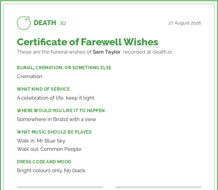 A Farewell Wishes certificate